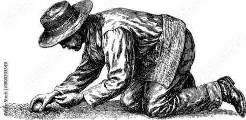 Farmer sowing seeds in motion - vintage botanical engraving for agriculture design