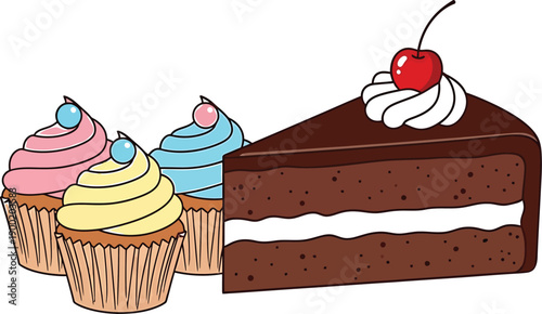 Delicious assortment of cupcakes and chocolate cake slice