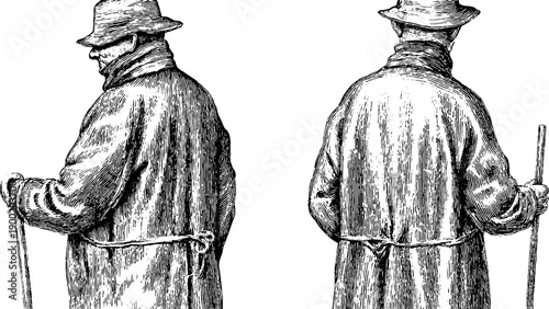 Vintage silhouette of fisherman standing in profile for botanical illustration design