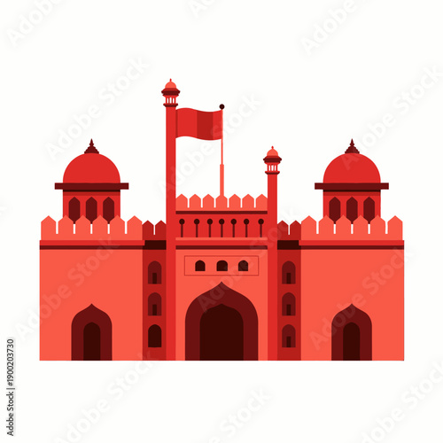 Majestic Red Fort with Ornate Arches and Towers Standing Proudly with a Triangular Banner Under Clear Blue Sky