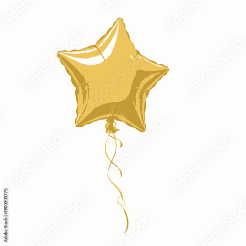 Golden Star-shaped Balloon Floating Against White Background with Subtle Reflections and Tied Ribbon Tail