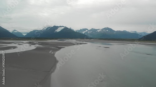 Aerial view of winding river and sandbanks through Alaskan wilderness, Alaska Seward Highway, Turnagain Arm