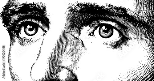 Vintage botanical hand drawn human face with contemplative neutral gaze for artistic design