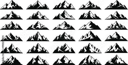 Mountain silhouette icons set, alpine peak collection, black white landscape vectors, nature adventure logo design, isolated illustration pack, bundle elements