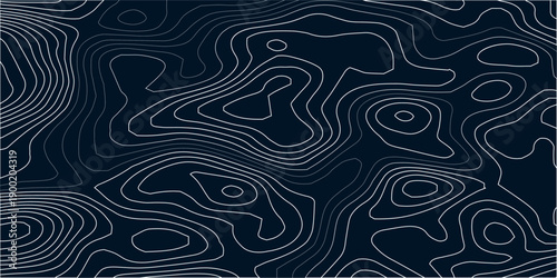 Abstract topographic map vector pattern with white contour lines on a deep navy blue background, representing terrain elevation and geographic landscape in a clean modern design style