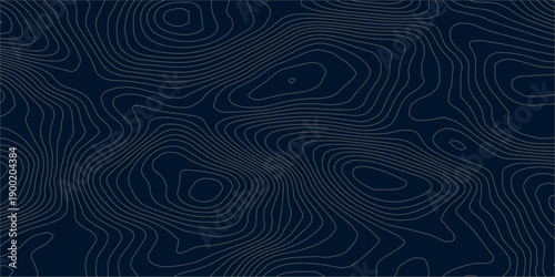 Minimal abstract topographic contour line pattern on dark navy blue background, featuring flowing white elevation lines that illustrate terrain maps and modern geographic design.