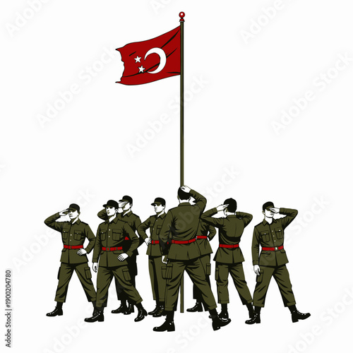 Illustration of Military Personnel Saluting with Respect in Front of a Flagbearing Symbol of National Identity and Commitment of Soldiers