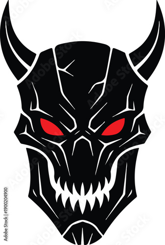 Demonic skull with glowing red eyes and menacing horns, a fearsome dark entity illustration