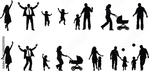 Happy family silhouettes with parents and children playing, walking and pushing stroller, joyful lifestyle moments, parenthood and childhood concept