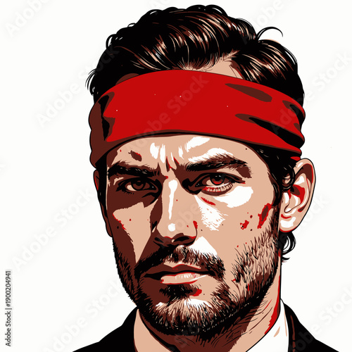 Intense Portrait of Bearded Man with Red Headband Exuding Confidence and Determination
