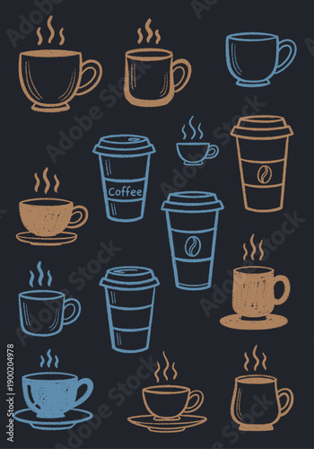 Wallpaper Mural Chalkboard style vector illustration featuring a collection of steaming coffee cups and take-out mugs in a hand-drawn doodle pattern Torontodigital.ca