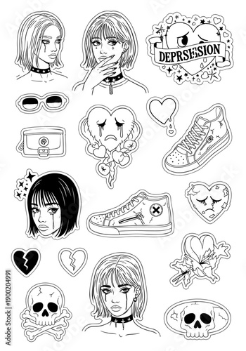 A collection of emo and grunge-style vector illustrations featuring sad girls, crying hearts, skulls, sneakers, and broken hearts, perfect for alternative designs