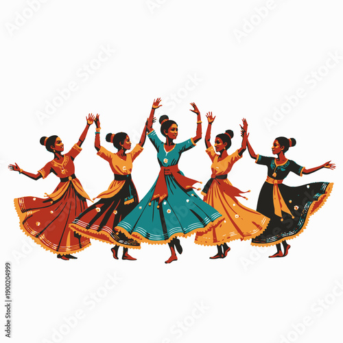 Vibrant Celebration of Traditional Dance with Five Women in Colorful Dresses Expressing Joy and Cultural Heritage through Graceful Movements