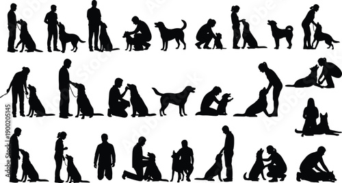 People with dogs silhouette collection showing training, playing and bonding moments, pet owners interaction and care activities, isolated black vector illustration
