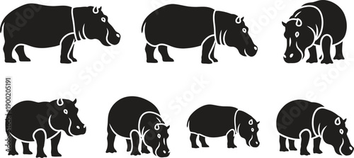 Silhouette of multiple rhinos in various poses