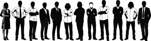 Confident business people silhouette lineup, diverse corporate professionals standing together, teamwork, leadership and success concept, isolated black vector illustration
