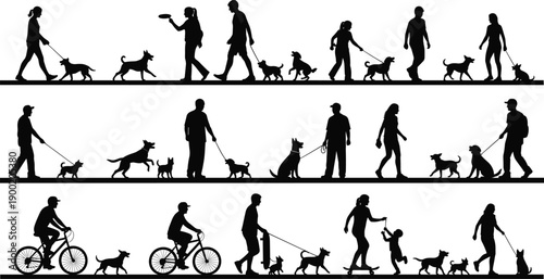 People walking dogs silhouette collection with daily activities, pets, families, cycling and skating scenes, isolated black vector illustration set