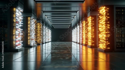 Futuristic server room corridor with glowing racks, reflecting on a dark floor