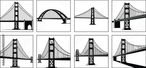 Suspension bridge silhouettes collection featuring iconic Golden Gate Bridge views, modern city landmarks, isolated black vector illustration set