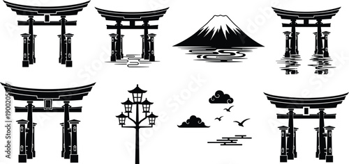 Japanese torii gate and Mount Fuji silhouettes collection, traditional shrine symbols, lanterns and clouds, isolated black vector set