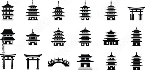 Japanese pagoda and torii gate silhouette vector set traditional Asian architecture temple shrine cultural icon design isolated