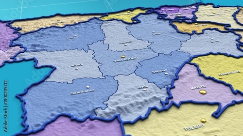 3D animation of a map of Spain zooming into the Castile And Leon region