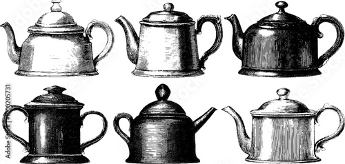 Vintage kitchen utensils side view sketch with botanical engraving - hand drawn retro design