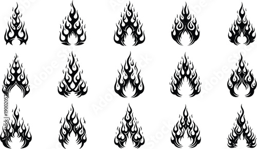 Fire flame silhouette vector set with burning flame icons heat energy danger symbol tattoo logo decorative design isolated