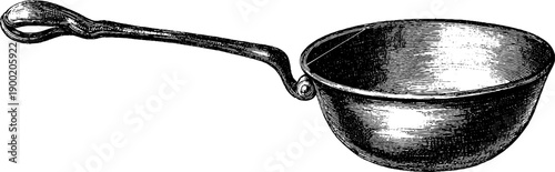 Vintage botanical engraving of a ladle and bowl featuring depth and volume in black ink design