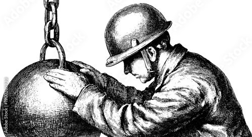 Worker practicing safe lifting techniques in vintage engraving style