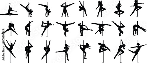 Pole dance silhouette vector set with female dancers performing acrobatic poses fitness strength flexibility art isolated on white background