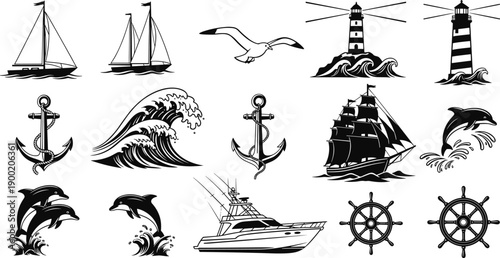 Nautical marine silhouette icon set, sailing ships lighthouse anchors dolphins waves, maritime ocean elements, black and white vector illustration