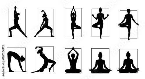 Diverse collection of elegant female silhouettes performing various yoga and meditation poses, promoting wellness, balance, and mindful lifestyle practices