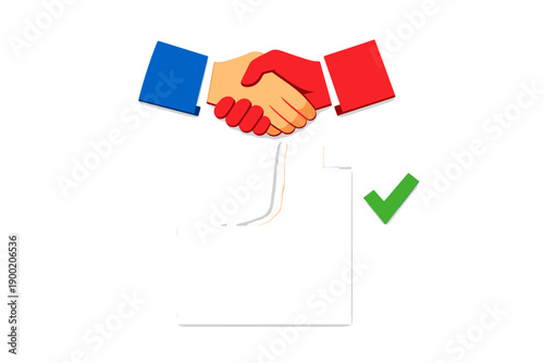 Parties agree on terms with a handshake symbol, showing collaboration and mutual understanding in a simple, direct manner