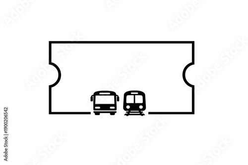 Design showing bus and train icons within a ticket shape, representing public transport options in a simple manner, ideal for travel-related themes or services