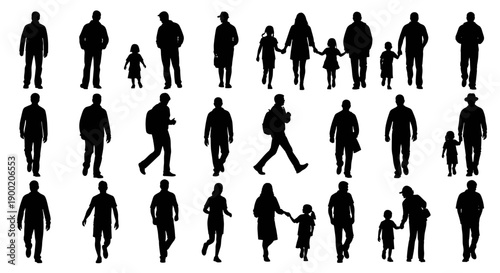 Collection of Silhouette Figures of Men, Women, and Children Walking and Standing, Diverse Group of People Represented in Black and White