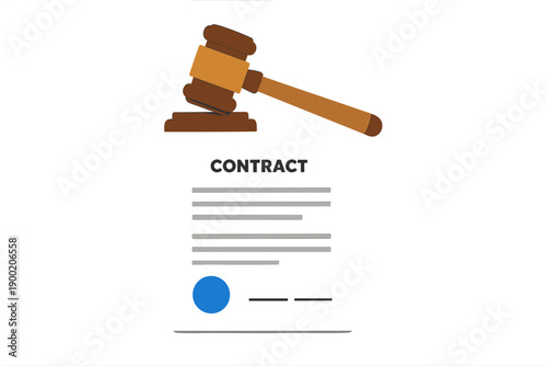 Gavel and contract on a table showing a legal context and action related to agreements and law enforcement