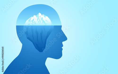 Conceptual illustration of a human head silhouette containing an iceberg, symbolizing the subconscious mind, hidden thoughts, and unseen psychological processes.