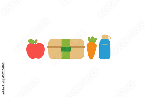 Healthy snacks and lunch items arranged on a plain background for a picnic or school lunch setting, featuring an apple, a box, a carrot, and a water bottle near each other