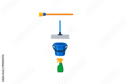 Tools used for cleaning a home including a broom, mop, bucket, and spray bottle arranged in a vertical line