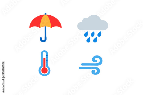 Weather icons showing elements like rain, temperature, wind, and an umbrella indicating changing weather conditions