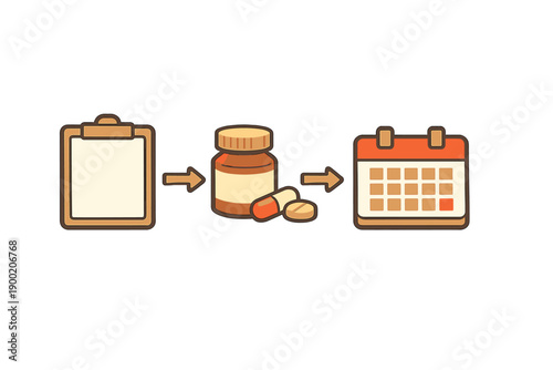 Daily medication routine with checklist, medicine bottle, and calendar for tracking health