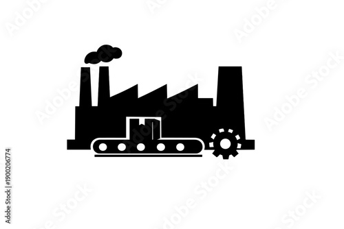 Factory machinery in operation with production line and smoke rising from chimneys at worksite during daylight hours