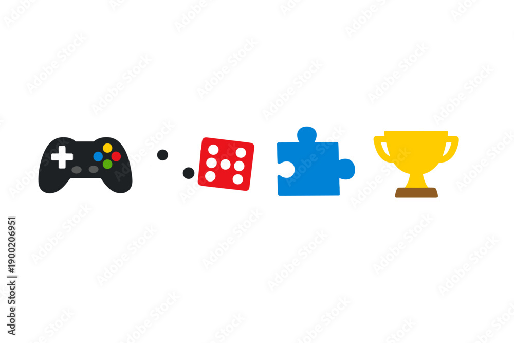 Fototapeta premium Different gaming items including a game controller, dice, puzzle piece, and trophy arranged on a white background in a simple layout