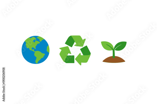 Symbols of environmental awareness featuring earth, recycling sign, and plant growth for sustainability education purposes