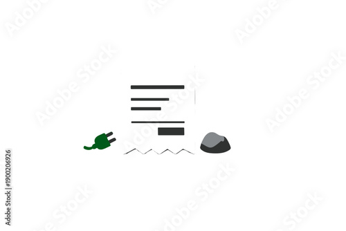 Receipt and cable beside a small rock on a plain white background with no other items present