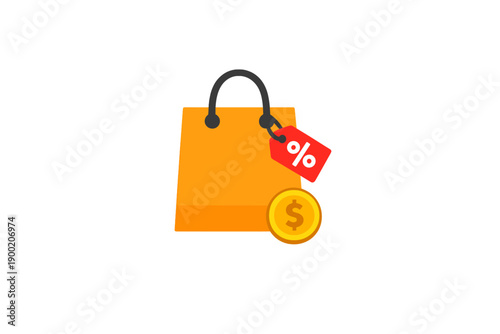 Shopping bag with discount tag and coin representing sales and promotions during a retail event
