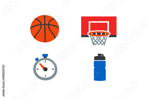 Basketball equipment including a ball, hoop, stopwatch, and water bottle during sports practice on a court