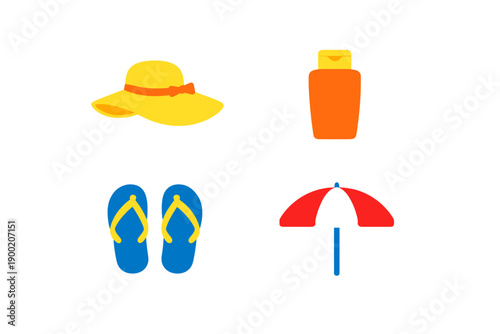 Summer essentials for a fun day at the beach with sun protection, comfortable footwear, and a stylish hat on a bright and sunny day
