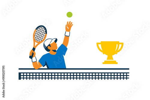 Tennis player serving tennis ball in front of a trophy during a match at a competition venue